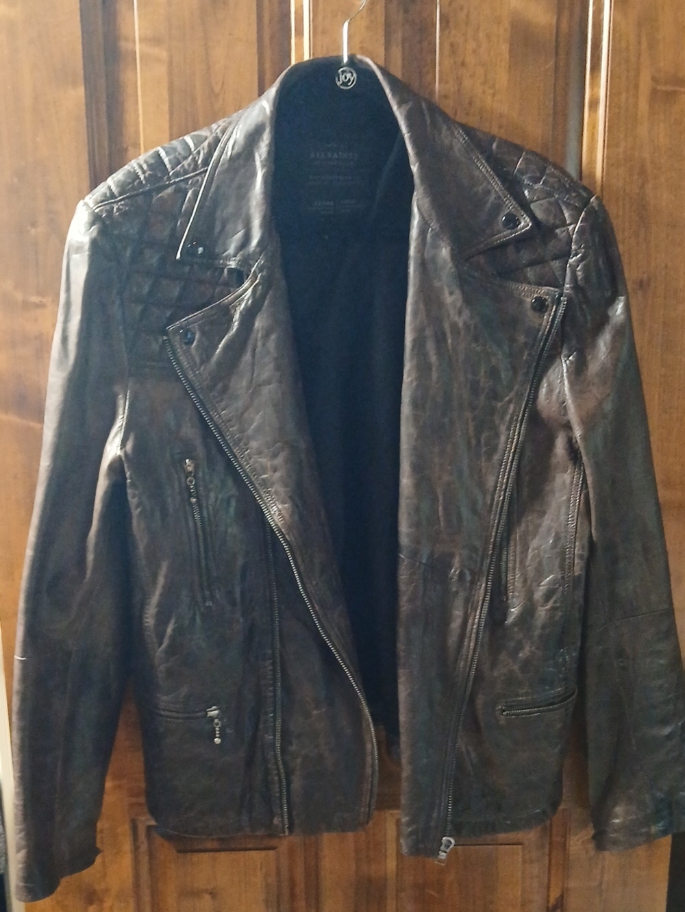 AllSaints Dark Brown Quilted Leather Biker Jacket